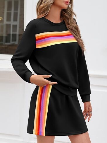 Yousify Womens 2 Piece Outfits Rainbow Striped Long Sleeve Sweatshirt Mini Skirts Sets Casual Loose Sweatsuits Loungewear in Kuwait