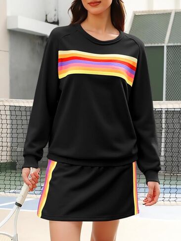 Yousify Womens 2 Piece Outfits Rainbow Striped Long Sleeve Sweatshirt Mini Skirts Sets Casual Loose Sweatsuits Loungewear in Kuwait