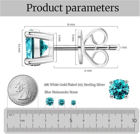 أقراط مسمار مويسانيت ، 1-2 أقراط ماس ماس 18 كيلو بايت مطلي بالذهب الأبيض/S925 دخول الفضة الاسترليني للرجال ، مجوهرات مختبرية النمو للنساء (الأخضر ، 6.5 ملم) in Kuwait