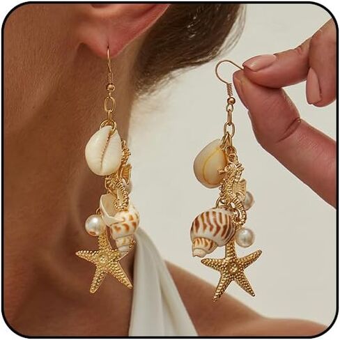 Gold Starfish Shell Earrings for Women with Pearl Beach Seashell Earrings Dangle Summer Vacation Earring for Women Beach Jewelry in Saudi Arabia