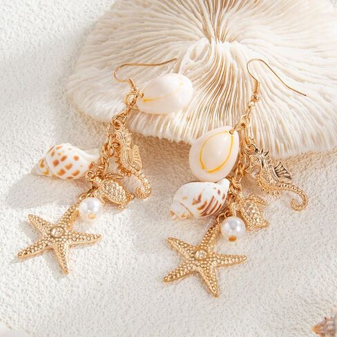 Gold Starfish Shell Earrings for Women with Pearl Beach Seashell Earrings Dangle Summer Vacation Earring for Women Beach Jewelry in Saudi Arabia