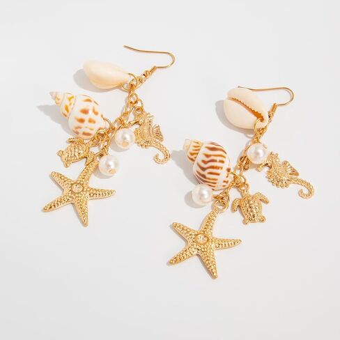 Gold Starfish Shell Earrings for Women with Pearl Beach Seashell Earrings Dangle Summer Vacation Earring for Women Beach Jewelry in Saudi Arabia