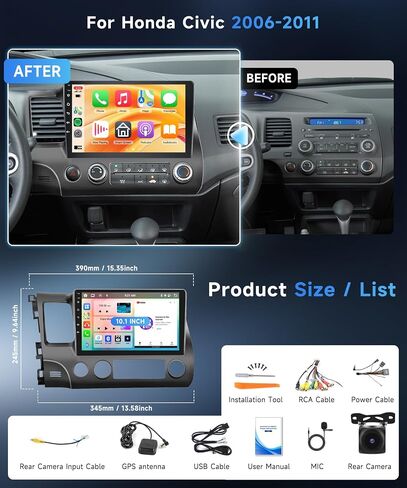 8 Core 6G+128G Android Car Radio Stereo for Honda Civic 2006-2011 with Carplay Android Auto, 10.1'' Touch Screen Head Unit with GPS Navigation Mirror Link Bluetooth SWC FM/RDS WiFi Backup Camera in Saudi Arabia