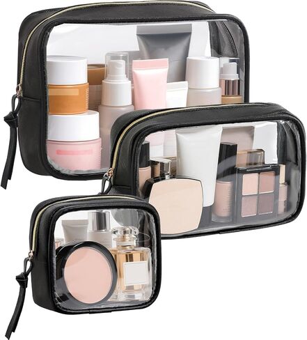 Vorspack Travel Makeup Bag - 3 Pack Travel Toiletry Bag for Women Clear Cosmetic Bag Makeup Organizer Zipper Pouch for Travel Essentials Storage - Black in Saudi Arabia