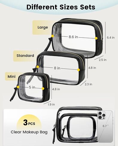 Vorspack Travel Makeup Bag - 3 Pack Travel Toiletry Bag for Women Clear Cosmetic Bag Makeup Organizer Zipper Pouch for Travel Essentials Storage - Black in Saudi Arabia