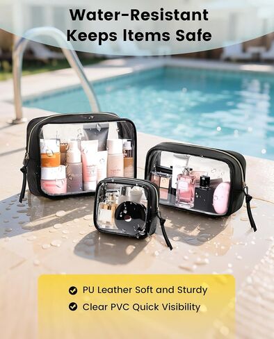 Vorspack Travel Makeup Bag - 3 Pack Travel Toiletry Bag for Women Clear Cosmetic Bag Makeup Organizer Zipper Pouch for Travel Essentials Storage - Black in Saudi Arabia