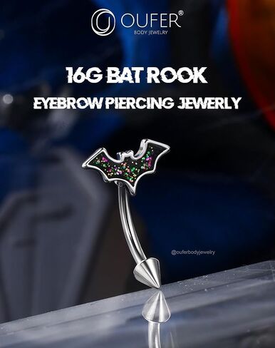 OUFER Bat Halloween Rook Piercing Jewelry, 316L Surgical Steel Eyebrow Piercing Jewelry, Multicolor Glitter Rook Earrings for Women, Hypoallergenic Eyebrow Rings, 16G 8mm Curved Barbell in Saudi Arabia