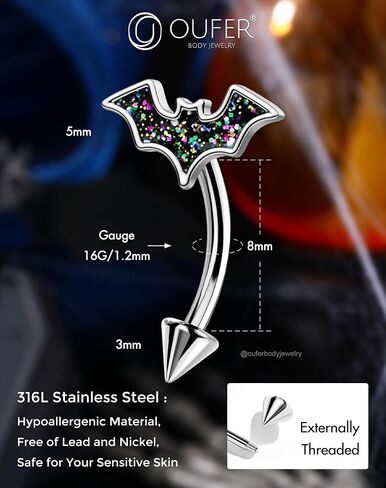 OUFER Bat Halloween Rook Piercing Jewelry, 316L Surgical Steel Eyebrow Piercing Jewelry, Multicolor Glitter Rook Earrings for Women, Hypoallergenic Eyebrow Rings, 16G 8mm Curved Barbell in Saudi Arabia