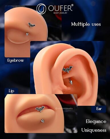 OUFER Bat Halloween Rook Piercing Jewelry, 316L Surgical Steel Eyebrow Piercing Jewelry, Multicolor Glitter Rook Earrings for Women, Hypoallergenic Eyebrow Rings, 16G 8mm Curved Barbell in Saudi Arabia