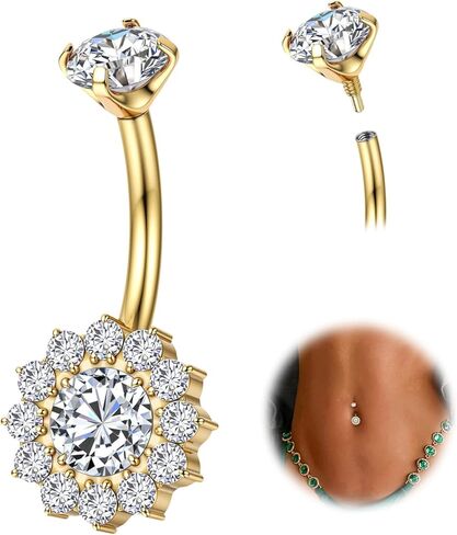 14G Titanium Belly Button Rings for Women Gold Silver Belly Rings Halo Internally Threaded Belly Ring Flower Opal 10mm AAAAAA Cubic Zirconia Navel Body Belly Piercing in Kuwait