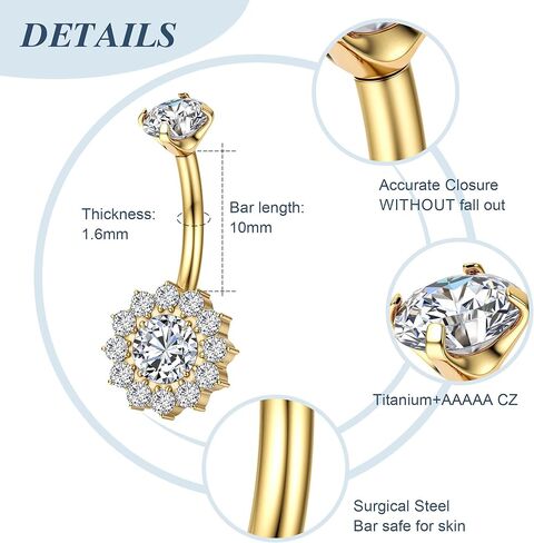 14G Titanium Belly Button Rings for Women Gold Silver Belly Rings Halo Internally Threaded Belly Ring Flower Opal 10mm AAAAAA Cubic Zirconia Navel Body Belly Piercing in Kuwait