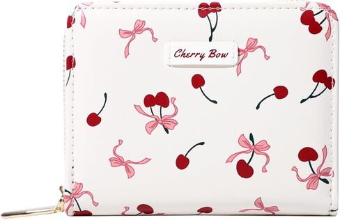 Sunwel Fashion Women Cute Print Wallets with Credit Card Slots ID Window & Zipper Coin Pouch (CHERRY BOW CREAM) in Kuwait