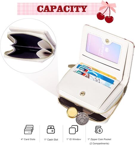 Sunwel Fashion Women Cute Print Wallets with Credit Card Slots ID Window & Zipper Coin Pouch (CHERRY BOW CREAM) in Kuwait