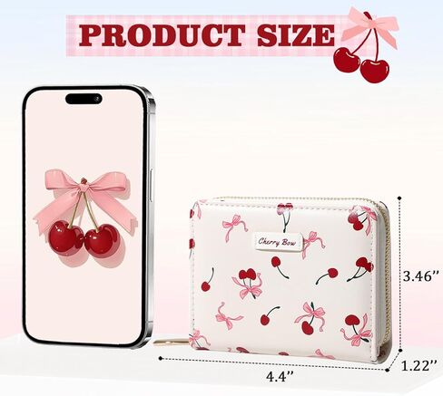 Sunwel Fashion Women Cute Print Wallets with Credit Card Slots ID Window & Zipper Coin Pouch (CHERRY BOW CREAM) in Kuwait