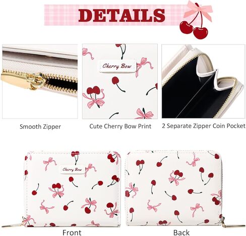 Sunwel Fashion Women Cute Print Wallets with Credit Card Slots ID Window & Zipper Coin Pouch (CHERRY BOW CREAM) in Kuwait