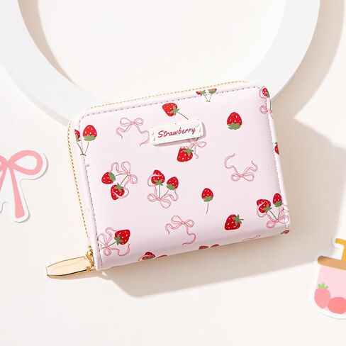 Sunwel Fashion Women محافظ طباعة لطيفة مع فتحات بطاقة الائتمان Window & Zipper Coin Pouch (كريم القوس الكرز) in Kuwait
