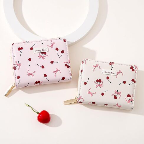 Sunwel Fashion Women Cute Print Wallets with Credit Card Slots ID Window & Zipper Coin Pouch (CHERRY BOW CREAM) in Kuwait