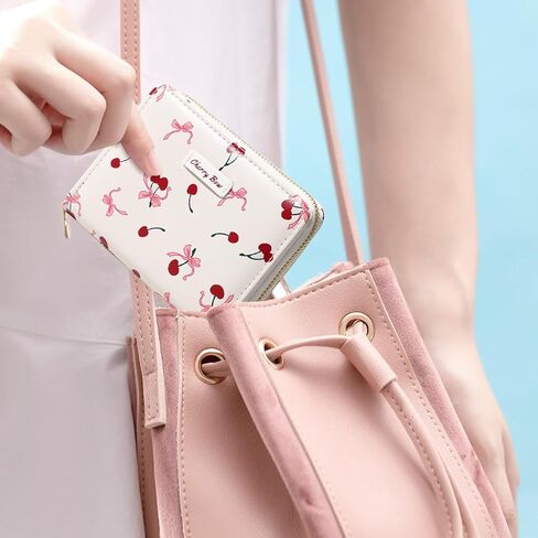 Sunwel Fashion Women Cute Print Wallets with Credit Card Slots ID Window & Zipper Coin Pouch (CHERRY BOW CREAM) in Kuwait