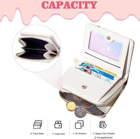 Sunwel Fashion Women محافظ طباعة لطيفة مع فتحات بطاقة الائتمان Window & Zipper Coin Pouch (كريم القوس الكرز) in Kuwait