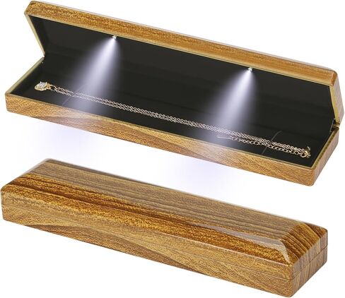 Wooden Necklace Bracelet Box with LED Light, Velvet Lining Bracelet Pendant Long Chain Organizer Holder Display Case for Wedding Christmas Engagement Birthday Anniversary (Style 3) in Kuwait
