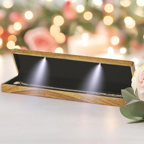 Wooden Necklace Bracelet Box with LED Light, Velvet Lining Bracelet Pendant Long Chain Organizer Holder Display Case for Wedding Christmas Engagement Birthday Anniversary (Style 3) in Kuwait