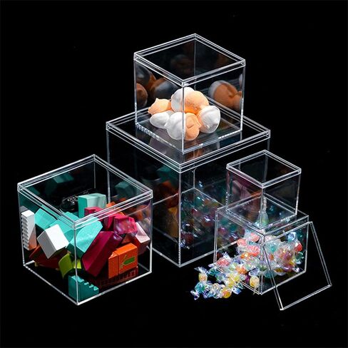 4 Pack Clear Acrylic Box with Lid, 3.9x3.9x3.9 Inch Acrylic Boxes for Display, Small Acrylics Box Clear Plastic Box, Plastic Square Cube for Candy Jewelry Storage Container Boxs in Saudi Arabia