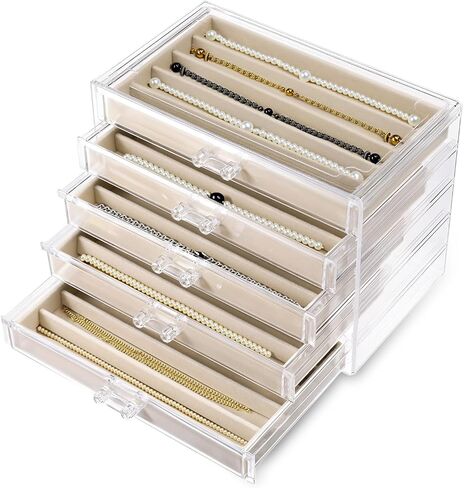 Clear Jewelry Box with Velvet for Necklaces Dustproof Necklace Storage Holder Display Case 5 Drawer Acrylic Storage Tray Stackable Jewelry Showcase for Women Pendant Chains (Beige) in Saudi Arabia