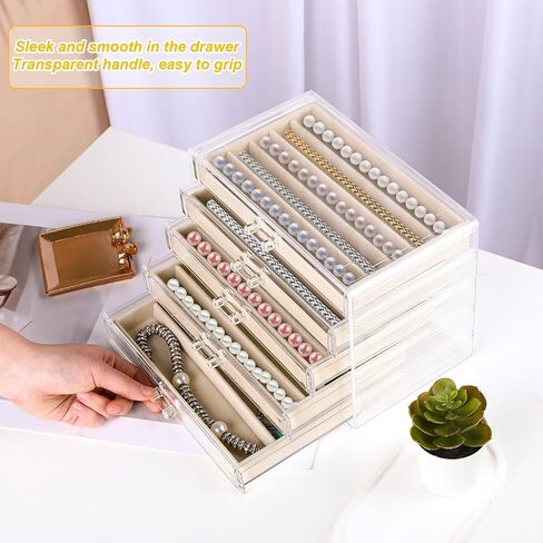Clear Jewelry Box with Velvet for Necklaces Dustproof Necklace Storage Holder Display Case 5 Drawer Acrylic Storage Tray Stackable Jewelry Showcase for Women Pendant Chains (Beige) in Saudi Arabia