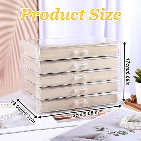 Clear Jewelry Box with Velvet for Necklaces Dustproof Necklace Storage Holder Display Case 5 Drawer Acrylic Storage Tray Stackable Jewelry Showcase for Women Pendant Chains (Beige) in Saudi Arabia