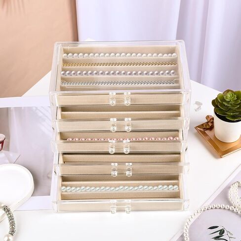 Clear Jewelry Box with Velvet for Necklaces Dustproof Necklace Storage Holder Display Case 5 Drawer Acrylic Storage Tray Stackable Jewelry Showcase for Women Pendant Chains (Beige) in Saudi Arabia