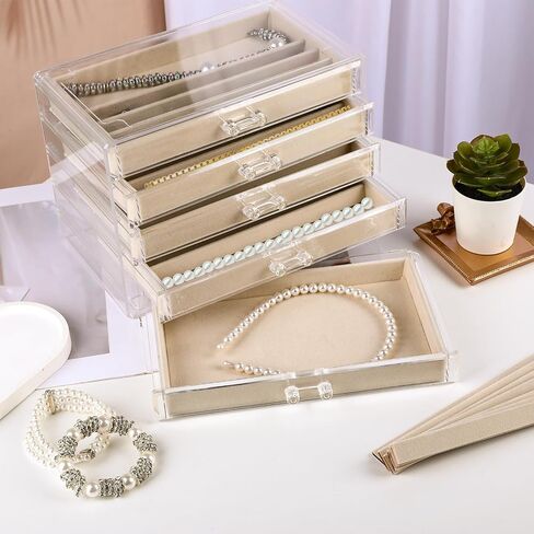 Clear Jewelry Box with Velvet for Necklaces Dustproof Necklace Storage Holder Display Case 5 Drawer Acrylic Storage Tray Stackable Jewelry Showcase for Women Pendant Chains (Beige) in Saudi Arabia