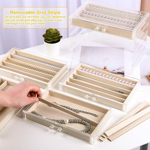 Clear Jewelry Box with Velvet for Necklaces Dustproof Necklace Storage Holder Display Case 5 Drawer Acrylic Storage Tray Stackable Jewelry Showcase for Women Pendant Chains (Beige) in Saudi Arabia