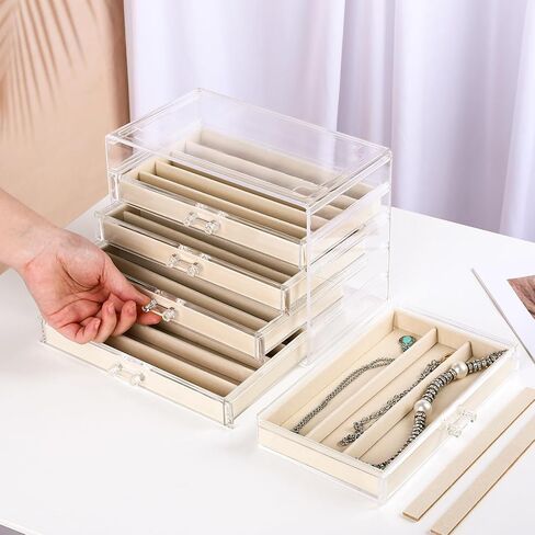 Clear Jewelry Box with Velvet for Necklaces Dustproof Necklace Storage Holder Display Case 5 Drawer Acrylic Storage Tray Stackable Jewelry Showcase for Women Pendant Chains (Beige) in Saudi Arabia