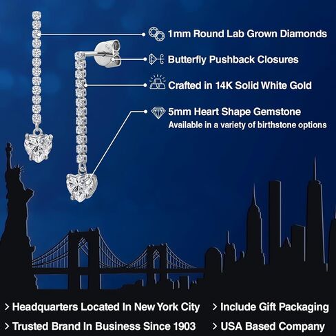 GEM Stone King 14K White Gold Gemstone Birthstone and Lab Garwing Diamond Long Lond arocrings for Women | شكل القلب 5 ملم وجولة 1.5mm | أقراط السلسلة الذهب البيضاء in Kuwait