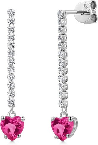 GEM Stone King 14K White Gold Gemstone Birthstone and Lab Garwing Diamond Long Lond arocrings for Women | شكل القلب 5 ملم وجولة 1.5mm | أقراط السلسلة الذهب البيضاء in Kuwait