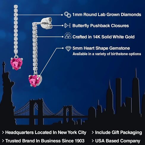 GEM Stone King 14K White Gold Gemstone Birthstone and Lab Garwing Diamond Long Lond arocrings for Women | شكل القلب 5 ملم وجولة 1.5mm | أقراط السلسلة الذهب البيضاء in Kuwait