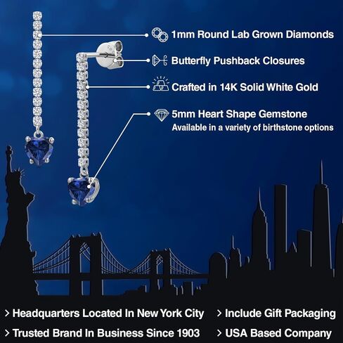 GEM Stone King 14K White Gold Gemstone Birthstone and Lab Garwing Diamond Long Lond arocrings for Women | شكل القلب 5 ملم وجولة 1.5mm | أقراط السلسلة الذهب البيضاء in Kuwait