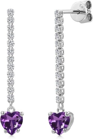 GEM Stone King 14K White Gold Gemstone Birthstone and Lab Garwing Diamond Long Lond arocrings for Women | شكل القلب 5 ملم وجولة 1.5mm | أقراط السلسلة الذهب البيضاء in Saudi Arabia