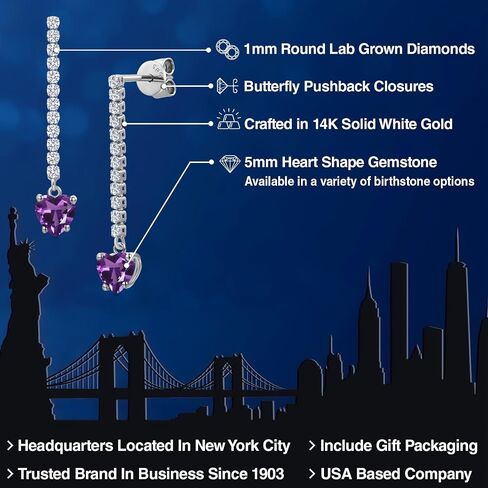 GEM Stone King 14K White Gold Gemstone Birthstone and Lab Garwing Diamond Long Lond arocrings for Women | شكل القلب 5 ملم وجولة 1.5mm | أقراط السلسلة الذهب البيضاء in Saudi Arabia