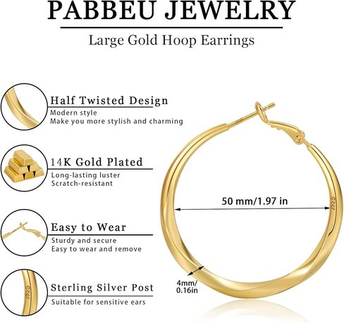 PABBEU Gold Hoop Earrings for Women Hypoallergenic 14k Gold Plated Hoop Earrings Lightweight 925 Sterling Silver Hoops Diamond-Cut Large Hoop Earrings 30/40/50mm in Kuwait