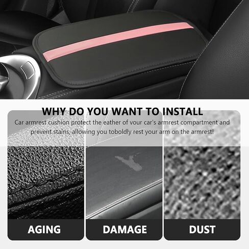Car Center Console Cover,Leather Arm Rest Cover for Car Keep Scratches on Center Console,Striped Patchwork Middle Console Cover Car Accessories Interior for Most Vehicles (Black/Pink) in Kuwait