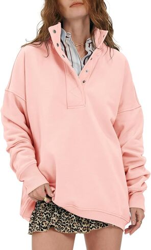 Women's Oversized Sweatshirts Casual Button Henley Neck Pullover Tops Fashion Outfits Clothes in Saudi Arabia