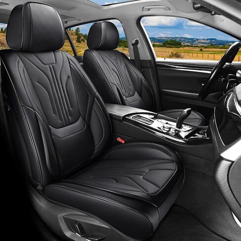 Car Seat Covers Full Set for Most Cars,Nappa Leather Car Seat Cover,Waterproof Non-Slip Edge Wrapping Car Seat Protector,Fit for Trucks, SUVs,Sedan (Black&White) (Fullset) in Kuwait