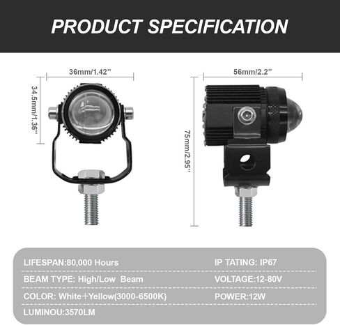 أضواء ضباب الدراجات النارية 12W أصفر/بيضاء LED PODS LIGHTIOR LIGHTS 1.3 '' AUX SPOTIGHT للدراجة الإلكترونية للدراجات النارية ، 8-60 فولت ، 12W ، 3000K ، 6500K 2PCS in Saudi Arabia