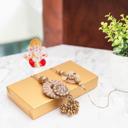 Drona Raksha Bandhan Rakhi & Lumba for Bhaiya and Bhabhi | Pack of 2 | Handcrafted White Stone & Stylish Lumba Design | Greeting Card and Box Packing with Cotton Potli Bag and Roli Chawal in Saudi Arabia