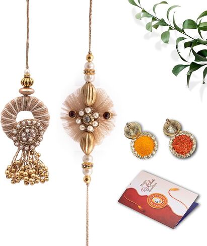 Drona Raksha Bandhan Rakhi & Lumba for Bhaiya and Bhabhi | Pack of 2 | Handcrafted White Stone & Stylish Lumba Design | Greeting Card and Box Packing with Cotton Potli Bag and Roli Chawal in Saudi Arabia