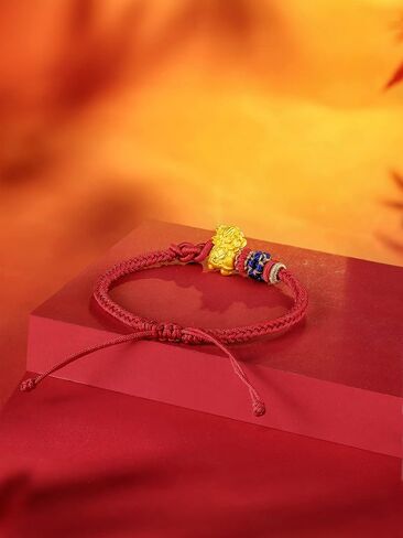 24K Solid Gold Bracelet for Women, Real Pure Gold Jewelry Dainty Fortune Pixiu Ball Dragon Turtle Adjustable Red Black Braided Bracelet for Men Girlfriend in Saudi Arabia