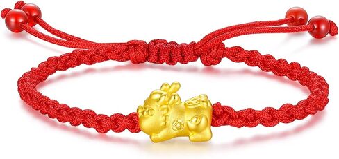24K Solid Gold Bracelet for Women, Real Pure Gold Jewelry Dainty Fortune Pixiu Ball Dragon Turtle Adjustable Red Black Braided Bracelet for Men Girlfriend in Saudi Arabia