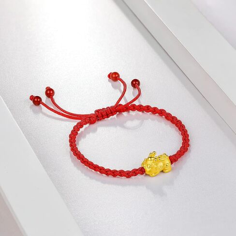24K Solid Gold Bracelet for Women, Real Pure Gold Jewelry Dainty Fortune Pixiu Ball Dragon Turtle Adjustable Red Black Braided Bracelet for Men Girlfriend in Saudi Arabia