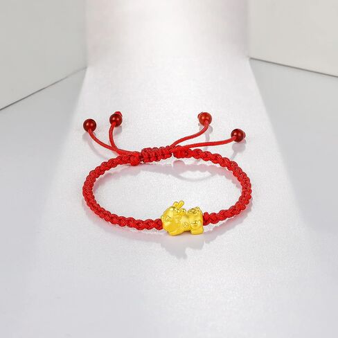24K Solid Gold Bracelet for Women, Real Pure Gold Jewelry Dainty Fortune Pixiu Ball Dragon Turtle Adjustable Red Black Braided Bracelet for Men Girlfriend in Saudi Arabia